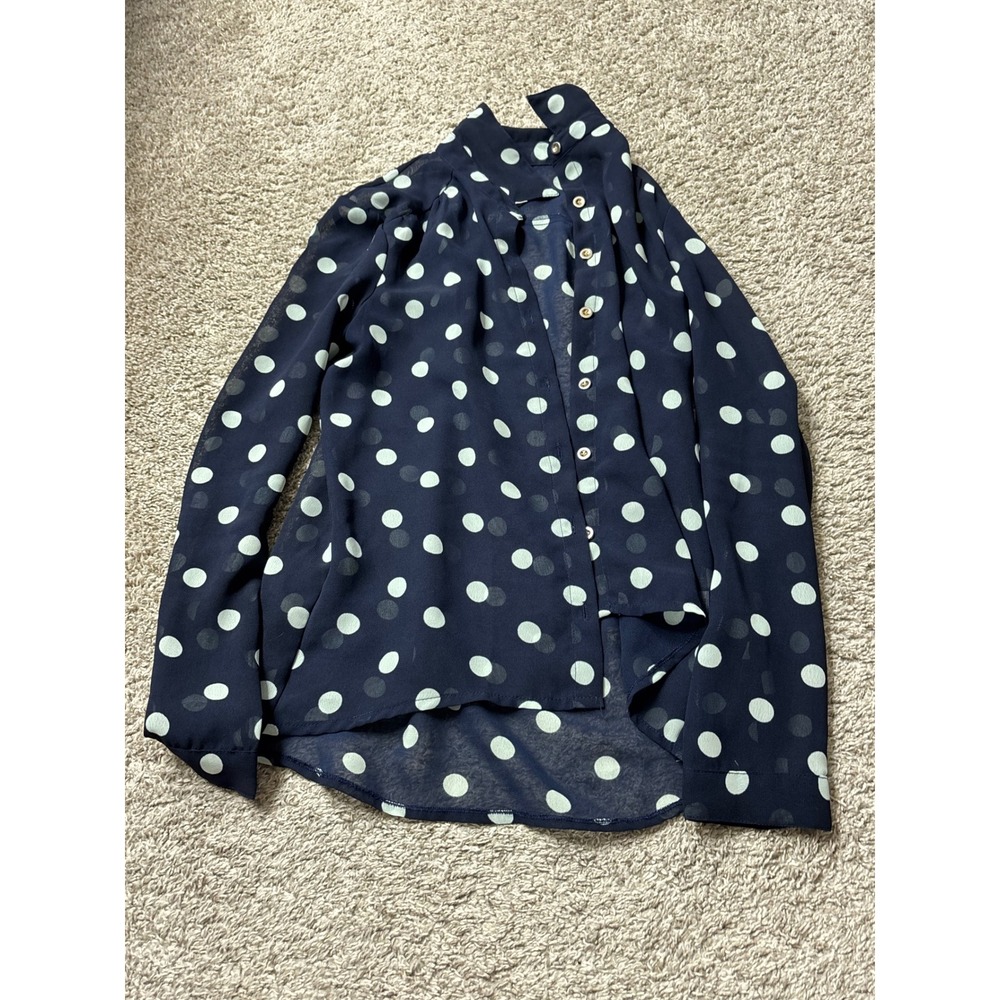 Charlotte Russe Navy Blue Polka Dot Sheer High Neck Blouse XS 2T10511-P